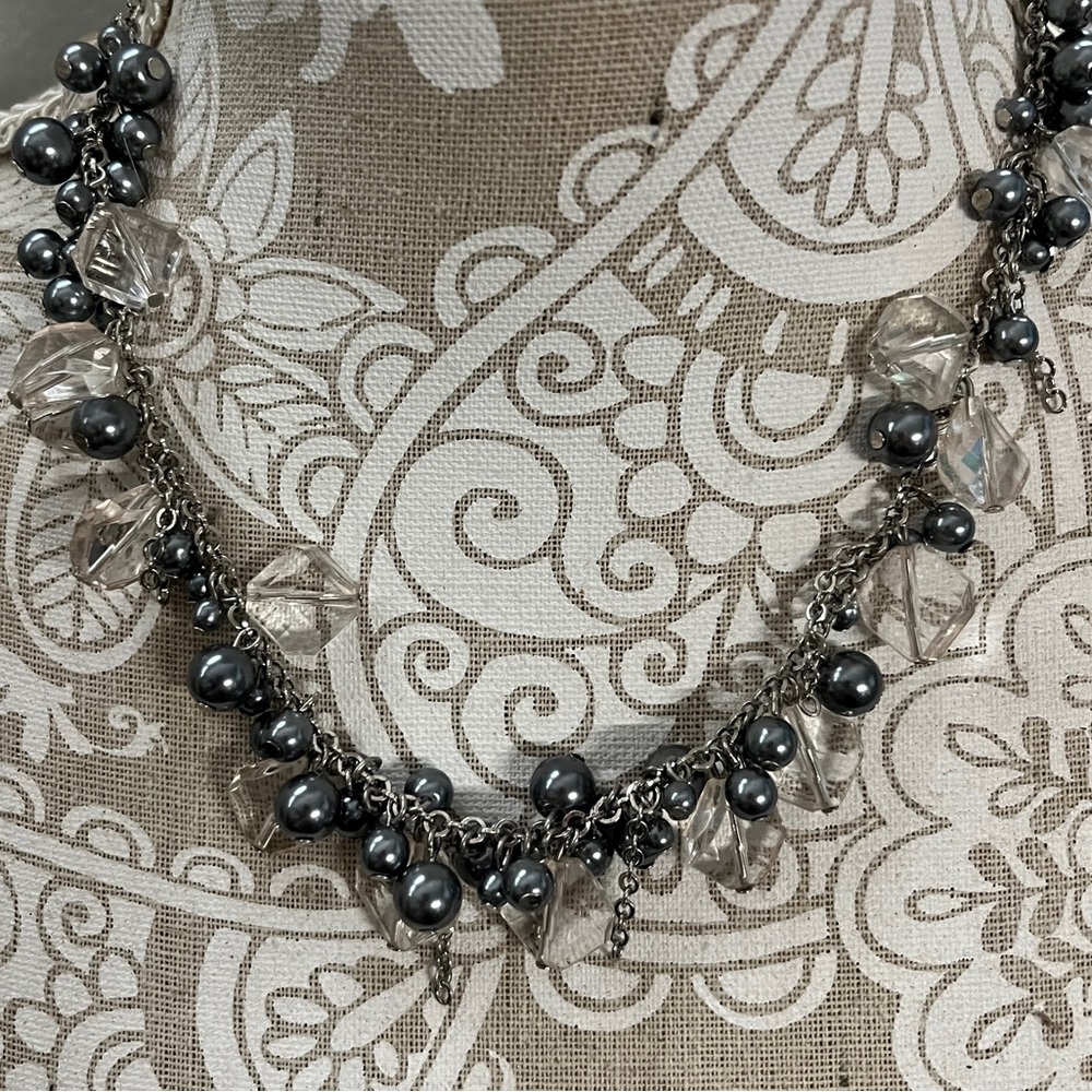 LOFT Silver Tone and Clear Bead Cluster Necklace